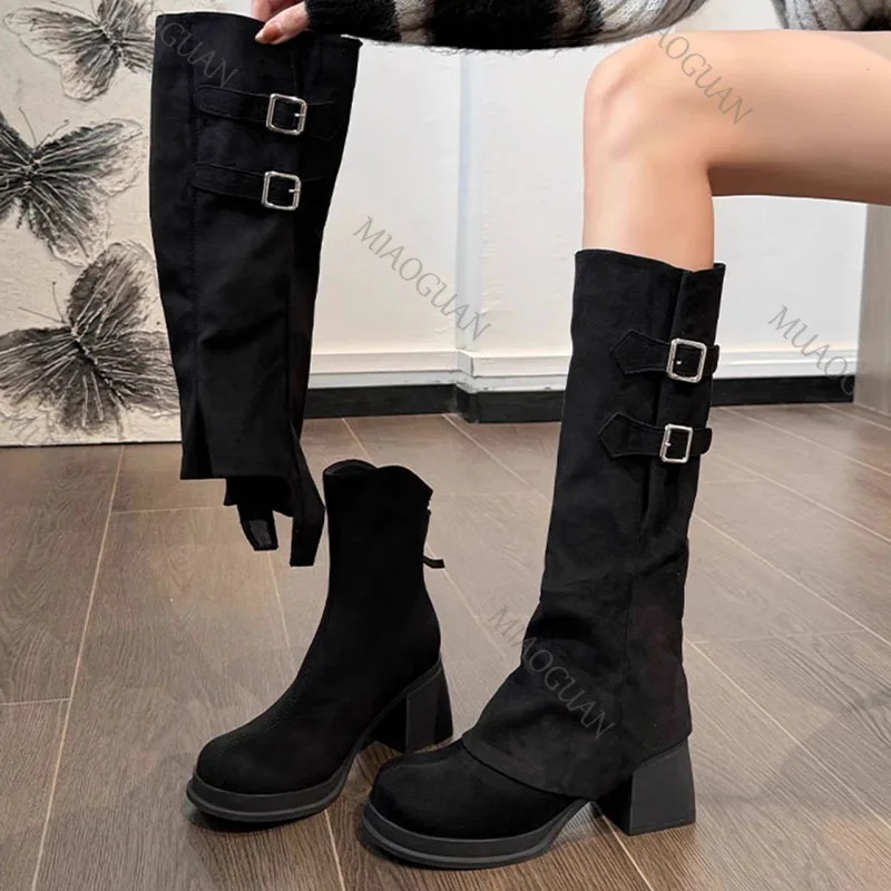 Retro Fashion Removable Two Wear Suede Knee High Long Boots Chunky High Heeled Women's Shoes 2025 Autumn Solid Thigh-high Boots