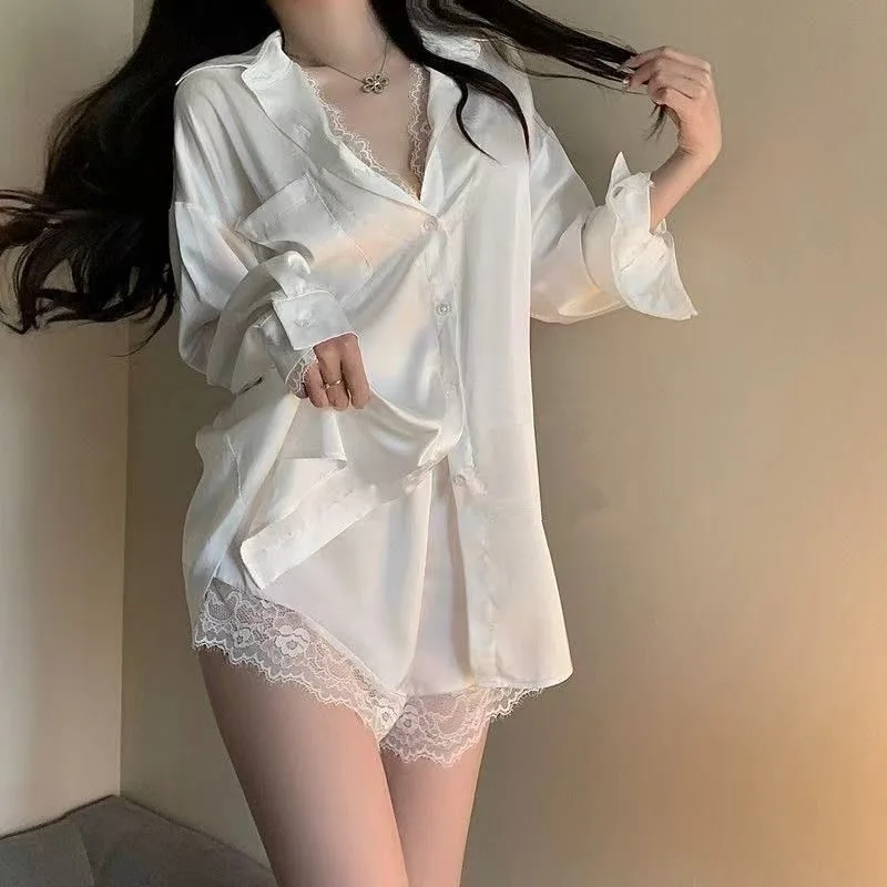Women's Sexy Lace Ice Silk Shirt Sleepwear Home Suit Set Solid Color Loose Long Sleeved Shorts Home Suit Two-Piece Set