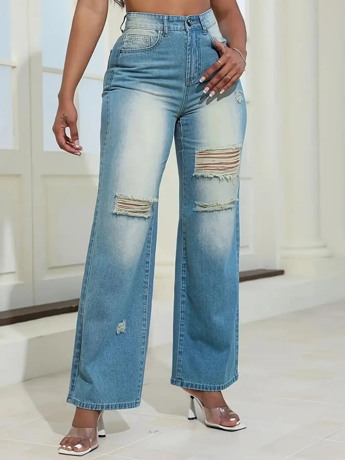 

Women's autumn new retro high-waisted straight-leg jeans, ripped jeans, fashionable jeans