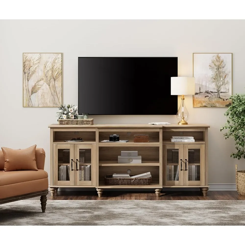 

Farmhouse TV Stand for TVs Up to 75 Inch, 4-Door Glass & Wood Universal TV Console with 9 Storage Cabinets, Oak Entertainment