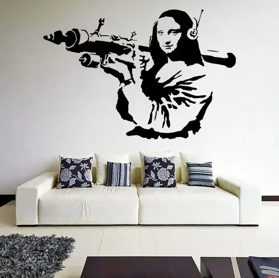 Banksy Vinyl Wall Decal Mona Lisa Rocket Launcher, Davinci Art Graffiti Sticker Z218