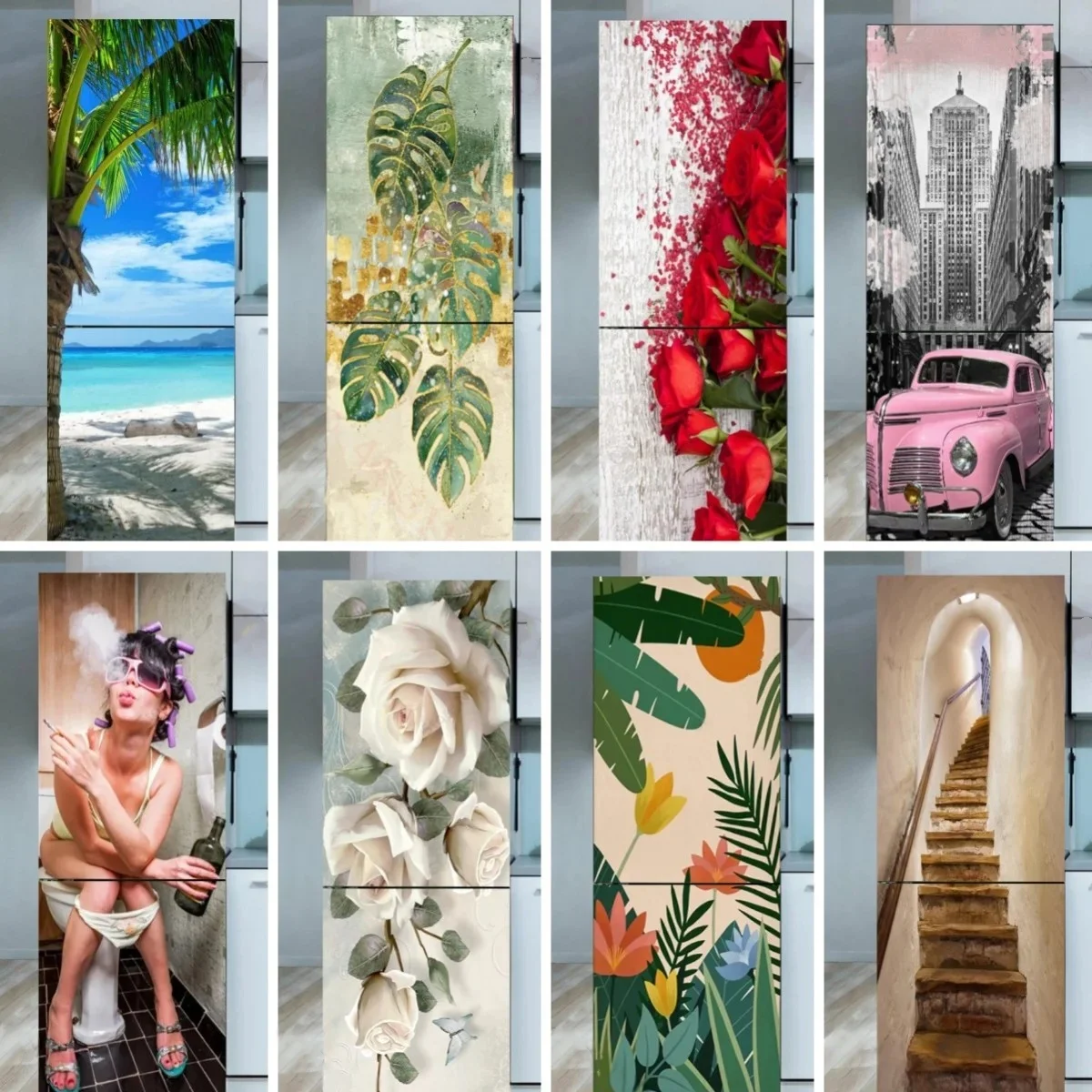 

Floral Fridge Door Cover Mural Waterproof PVC Coconut Tree Leaf Refrigerator Door Wrap Vinyl Wallpaper, Removable Fridge Decal