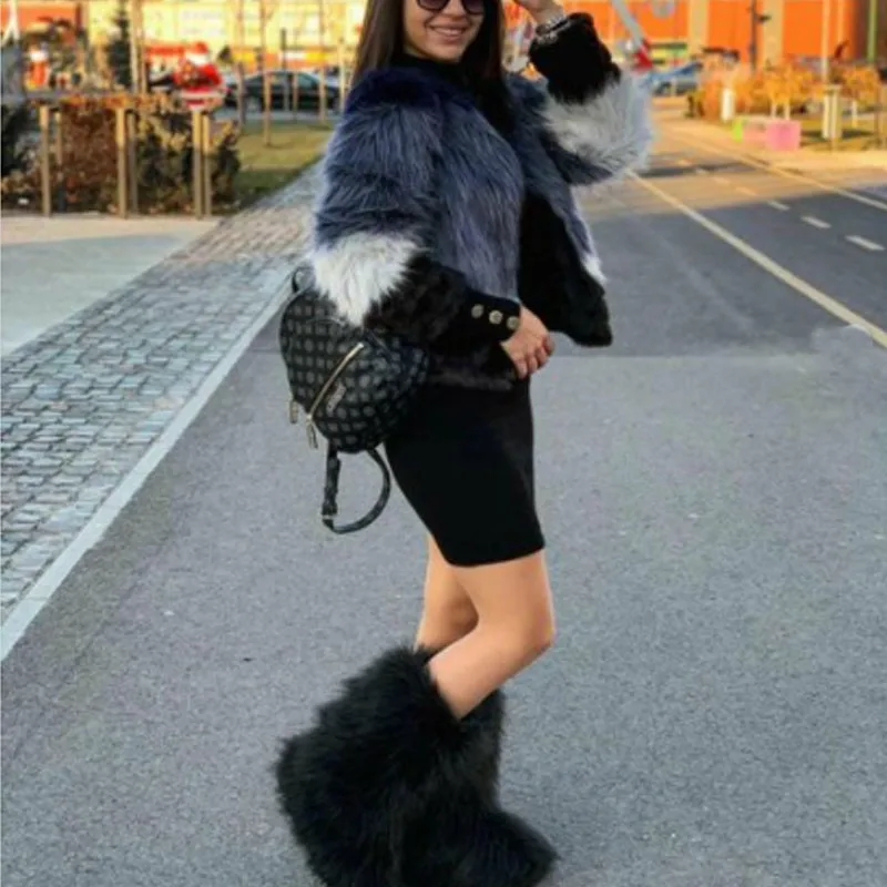 Women Snow Boots Winter Furry Ankle Boot Solid Color Fluffy Faux Fur Boots Female Flat Plush Furry Warm Shoes Outdoor Heel Boot