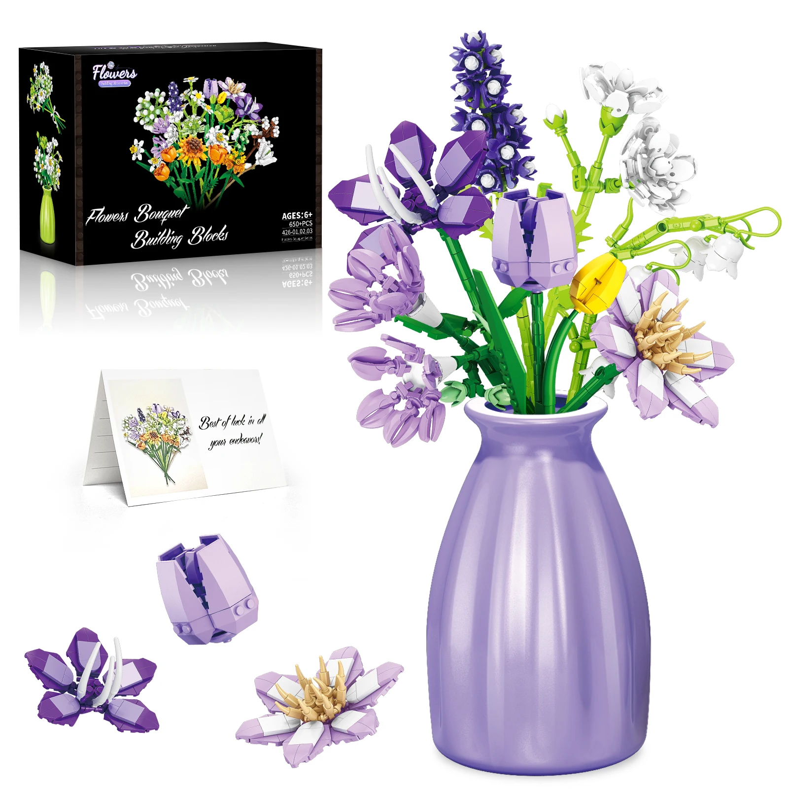 Simulation Flower Building Blocks Set - Tulips Bauhinia Jasmine Potted Plants Delphinium Plastic Home Decor Toys for Girls
