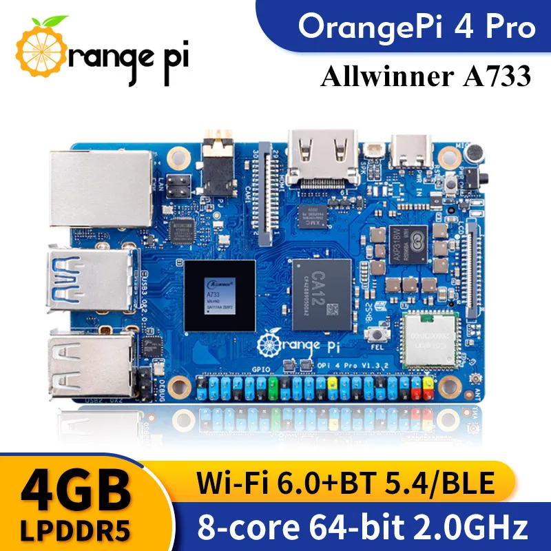 TopElec Orange Pi 4 Pro 4GB LPDDR5 + Power Supply Development Board Allwinner A733 Chip 3Tops NPU Wi-Fi6.0+BT5.4 M.2 M-Key Slot