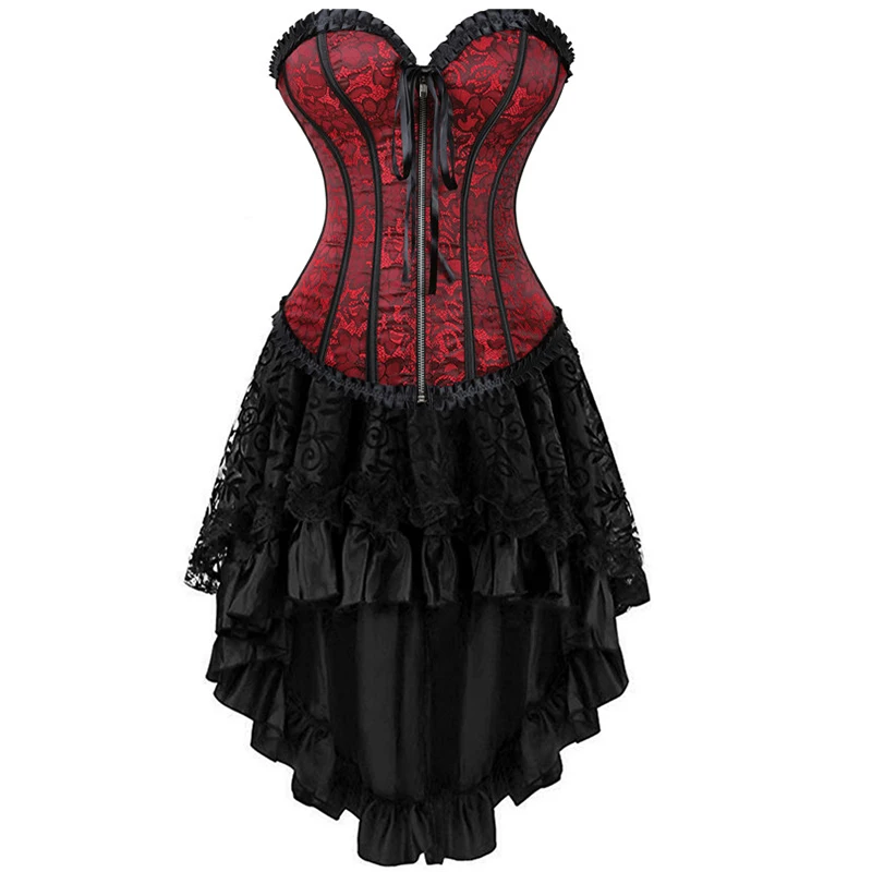 Sapubonva Corset Dress Gothic Cosplay Bustier for Women Skirt Top Set Sexy Vintage Victorian Plus Size Costume Red Korsage
