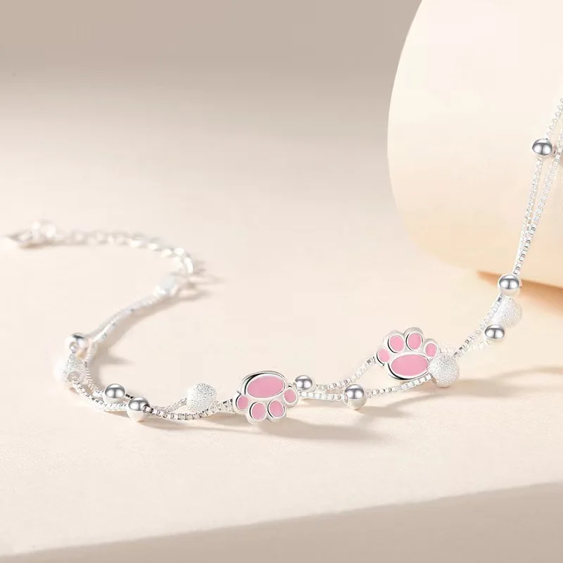 S925 Sterling Silver Bracelets Cute Sweet Pink Cat Claw Adjustable Bracelet for Women Girls Engagement Party Trendy Jewelry Gift