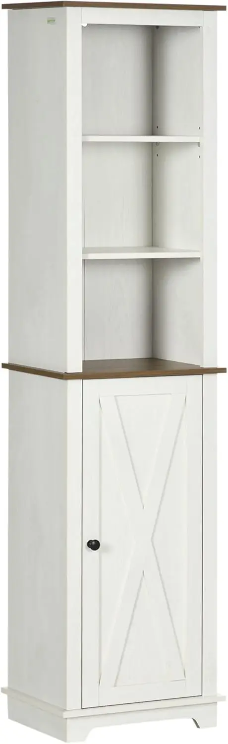 

Bathroom Storage Cabinet with Triple Open Shelves & Cupboard, Wooden Bathroom Storage Cabinet with Door Adjustability, White