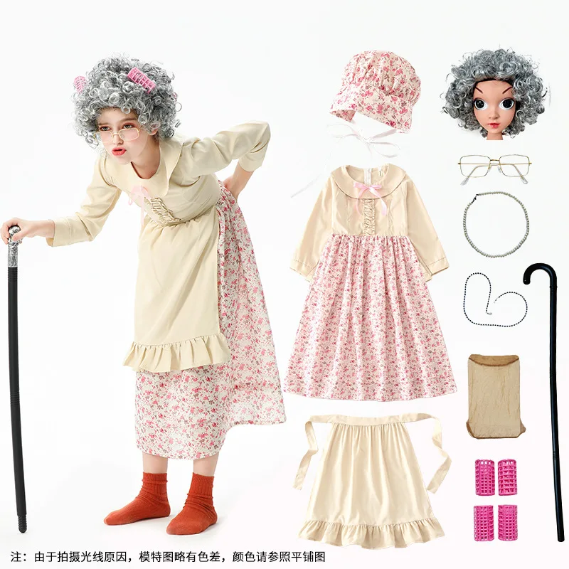 

Children Role-Play Set 100 Days Funny Granny Outfit Girls Outfits Party Old Lady'S Floral Skirt Cosplay Costume With Accessories