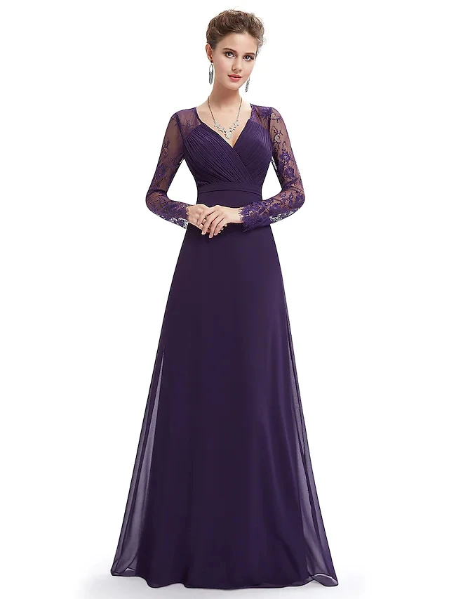 

Evening Gown Elegant Dress Wedding Guest Floor Length Long Sleeve V Neck Chiffon Ruched Lace Insert فساتين حفلة موسيقية