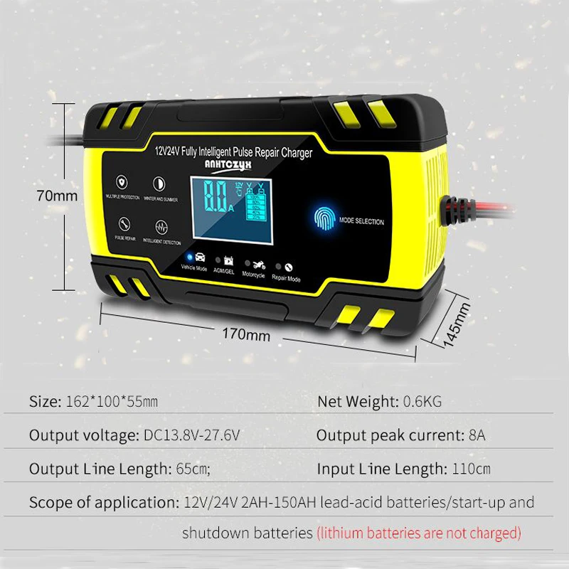 Caricabatterie per auto completamente automatico 12V-24V 8A caricabatterie per riparazione a impulsi di alimentazione caricabatterie al piombo a