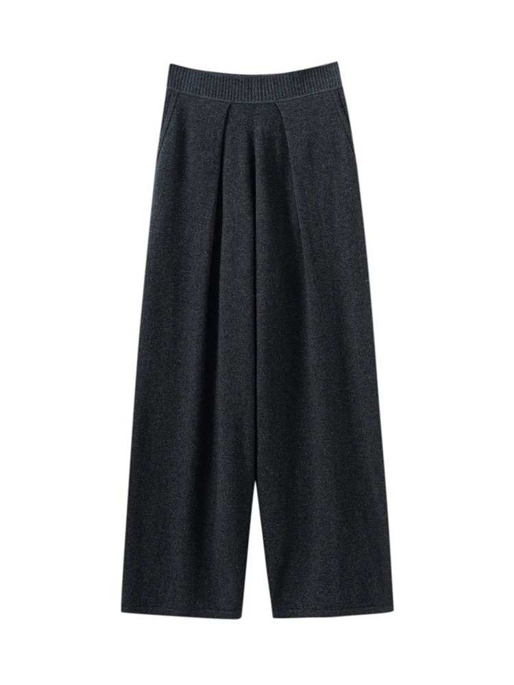 من المألوف عادية بسيطة الراحة محبوك واسعة الساق السراويل بنطلون المرأة الأساسية الخريف الشتاء الدافئة لينة 100% الكشمير قيعان