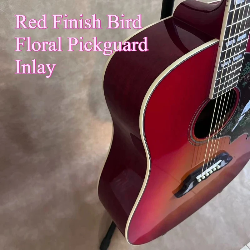 Discount 41 Inch Cherry Sunburst Dreadnought Acoustic Guitar Red Finish Bird Floral Pickguard Inlay Handcrafted Beginner New Hot