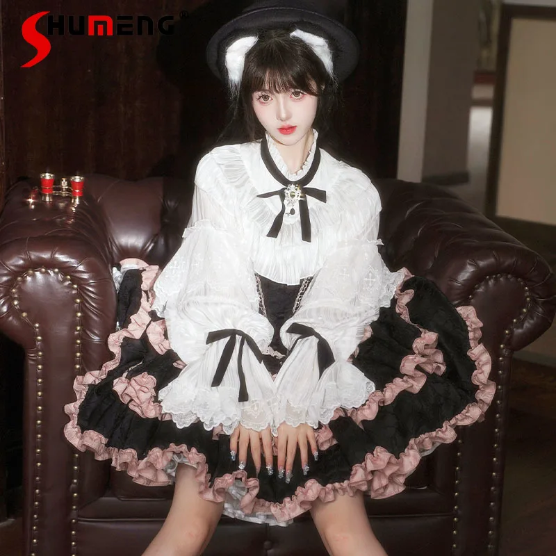 

Japanese Girl Sweet Lace Edge Long Sleeve Lolita White Shirt Female Slim Heavy Industry Ball Gown Cake Suspenders Skirt Dress