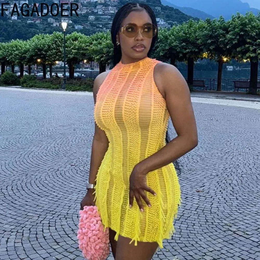 

FAGADOER Yellow Fashion Gradient Tassel Bodycon Mini Dresses Women Round Neck Sleeveless Slim Vestidos Female Sweet Streetwear