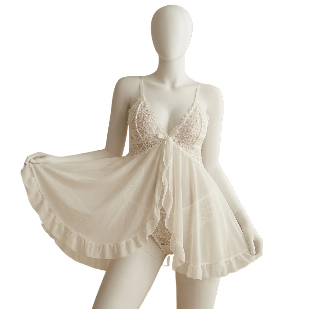 2 Pcs Lace Nightgown Women Deep V Neck Bra Panties Set Transparent Underwear Solid Slim Soft Split Nightdress Lingerie Sets