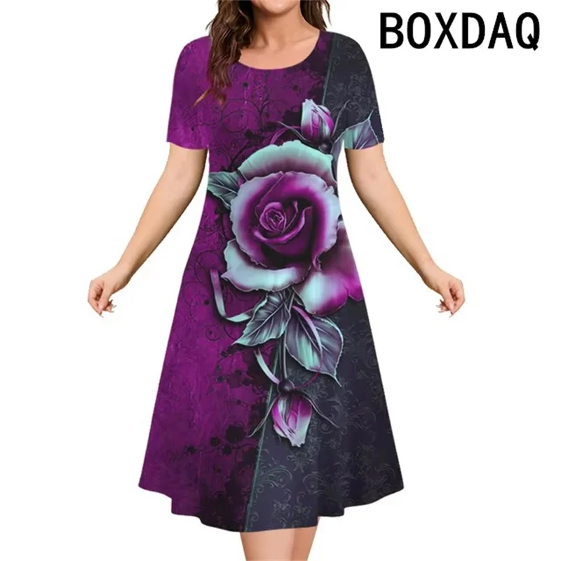 Plus Size Women Dress 3D Flower Pattern Elegant A-Line Dress Fashion Short Sleeve Casual Oversized Loose Pullover Dress Vestidos