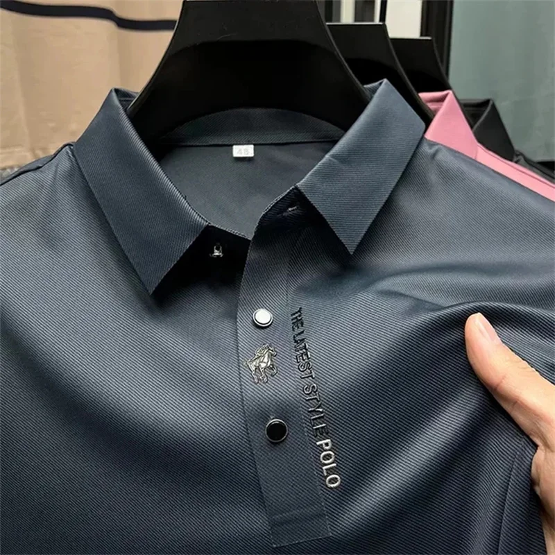 High End Brand2024summer Business Solid Color High-quality Short Sleeved Men\'s Polo Shirt Lapel Print Korean Fashion Casual Ropa