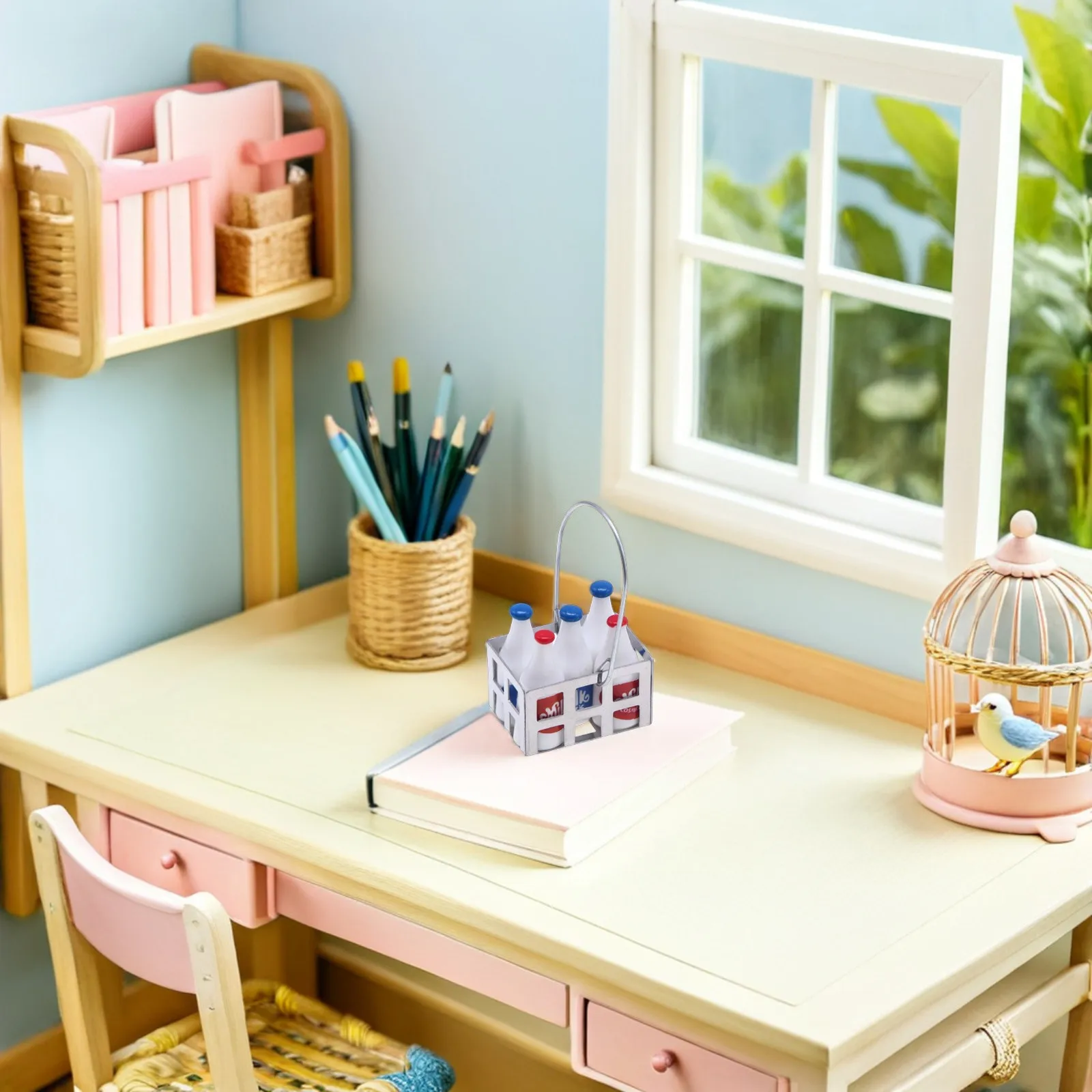 

1Set Mini Storage Basket and Miniature Milk Bottles Set Mini House Decoration Accessories for Photography Display Crafting Micro