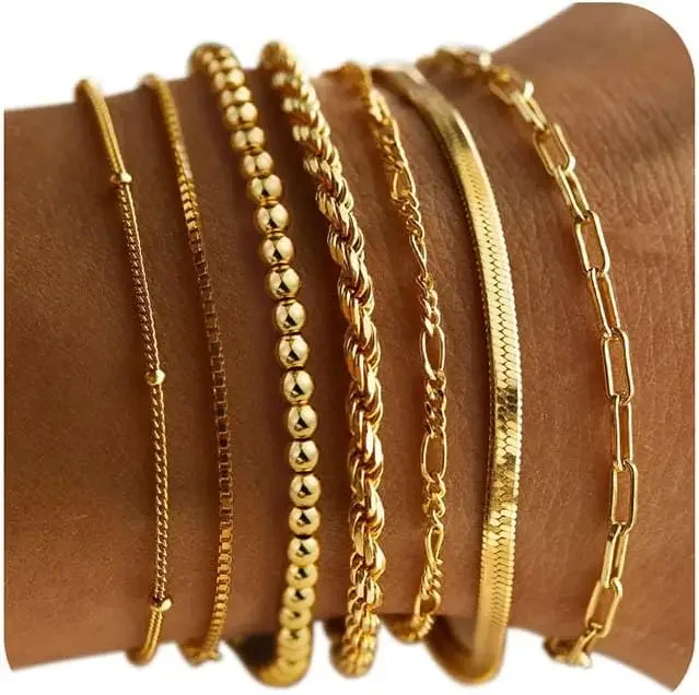 

Mothers Day Gifts, Gold Bracelets for Women - 14K Real Gold Plated Beaded Bracelets Set Rope