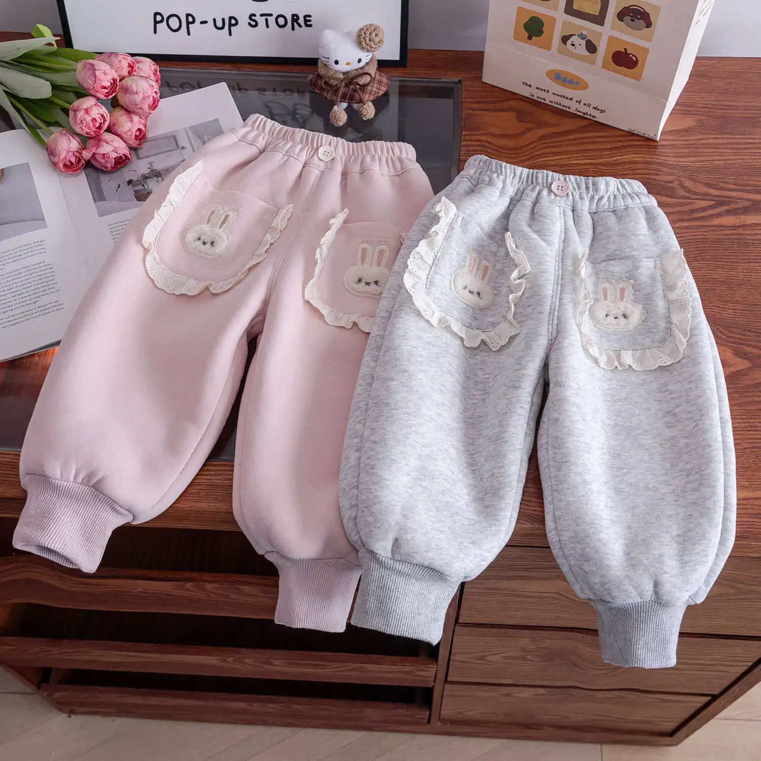 25 Baby Girls Winter Clothing Cute Rabbit Pockets Velvet Warm Pants Fashion Kids Children Birthday Princess Clothes Trousers