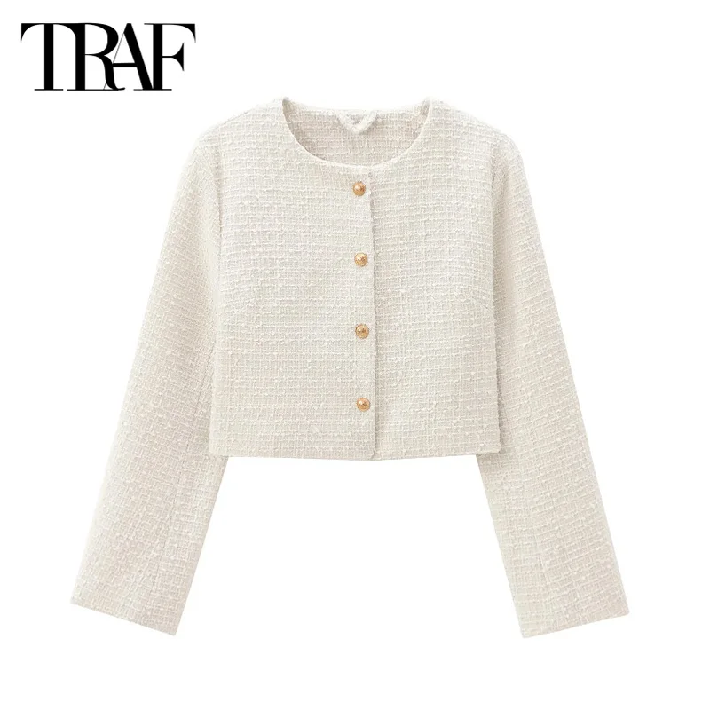 TRAF Women\'s Outerwears 2024 Spring Autumn Cropped Varsity Jacket Coat Ladies Fashion Casual Elegant Beige Blue Short Coats