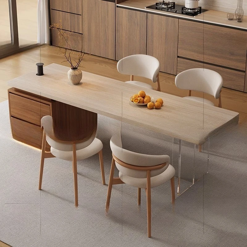 طاولة طعام متكاملة من هيراشيماداي، شقة صغيرة من الخشب الصلب بلون الجوز، بلاطة صخرية من الحجر الجيري، خزانة متعددة الوظائف