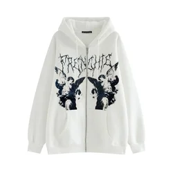 Plus Size Y2K Hoodie Zip-up Sweatshirt Angel Printing Jacket Loose Long Sleeve Pockets Streetwear Hip Hop Fashion Men Women Coat