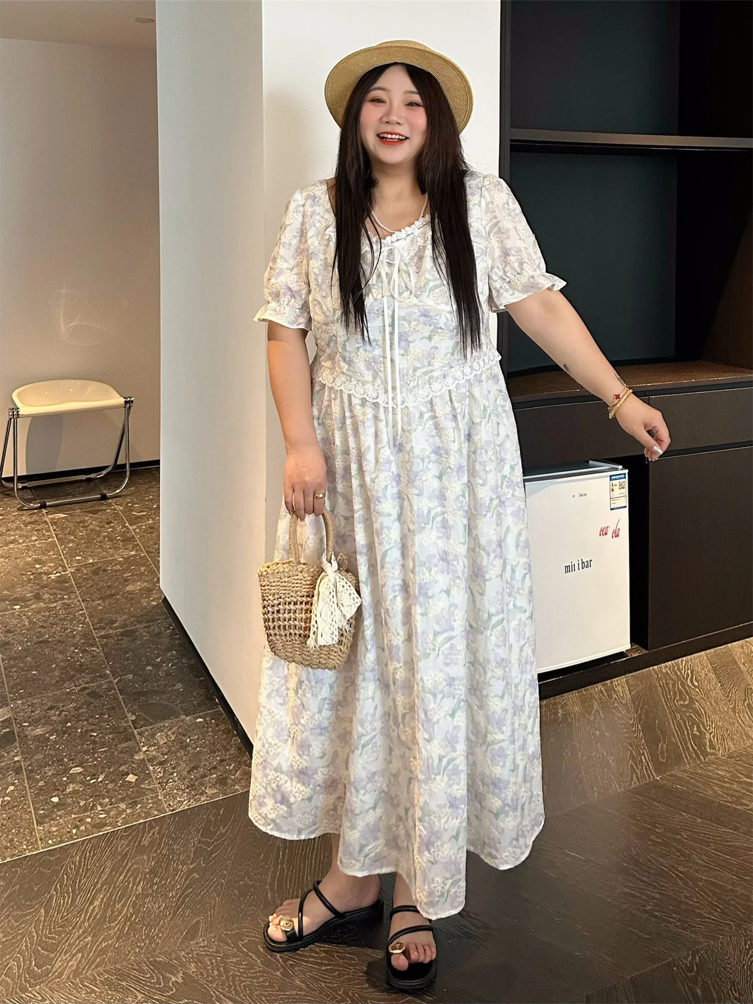 

Elegant Large Size Women's Summer Square Neck Dress Floral Long Skirt Thinming High Waist A-Line Dress Commute Style Polyeste...