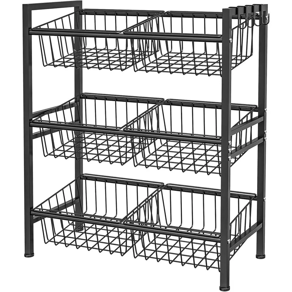 Kitchen Storage Basket Shel, Snack Basket Shel, 3 Tier ruit Vegetable Basket Stand, Metal Pantry Storage with 6 Stackable Wire B