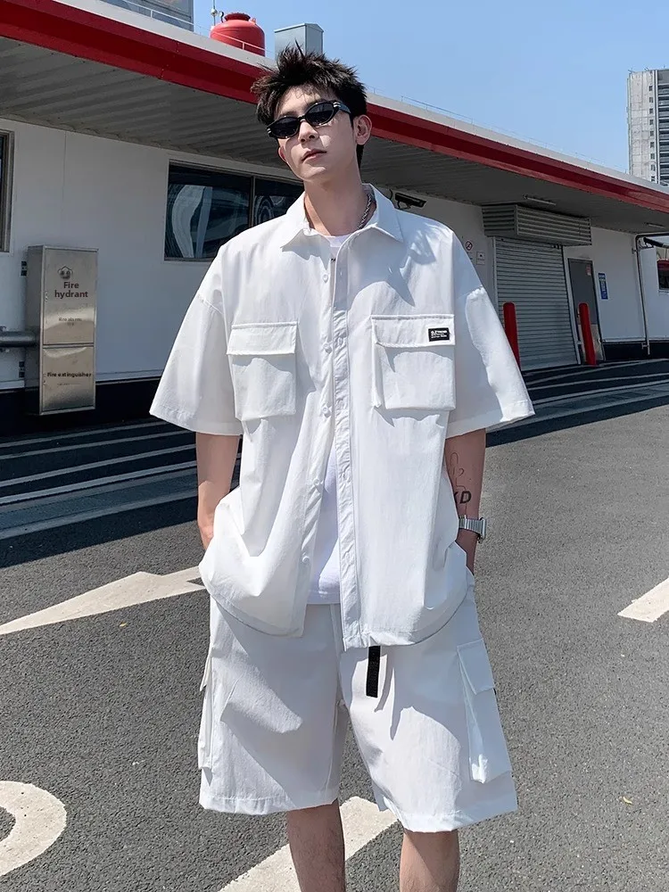 

High-End Ice Silk Qui-Dry Sports Casual Set Men's Summer American Retro Workwear ort Sve irt orts Faion Set