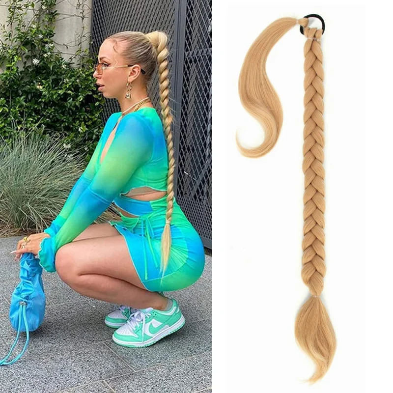 

30-дюймовый удлиненный плетеный хвост с резинкой для волос — прямой натуральный мягкий синтетический шиньон с запахом