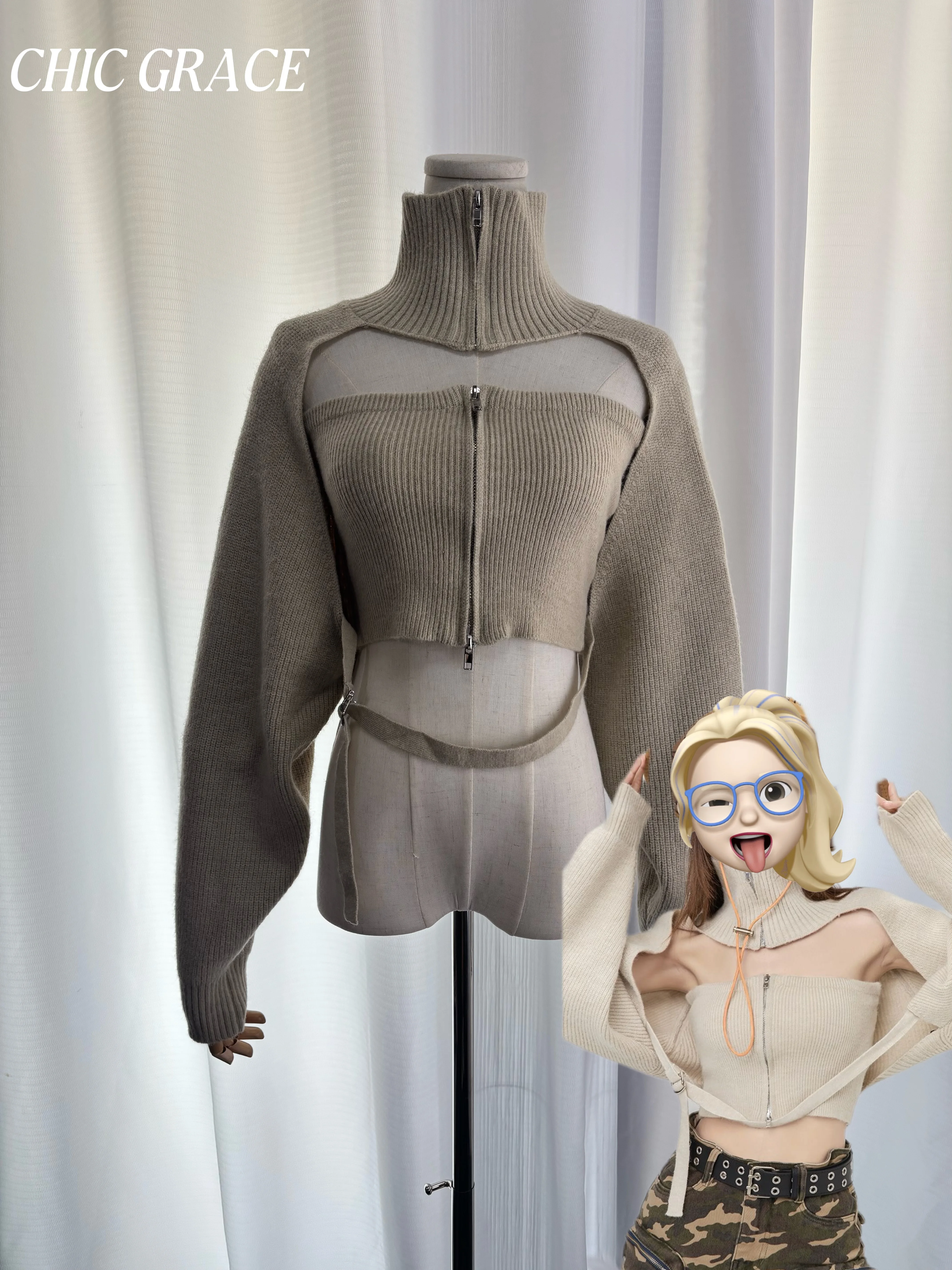 

Набор из двух предметов Real shot Vintage Y2K Sweet Spicy: свитер с высоким воротником-стойкой и укороченным топом на молнии, милый горячий в стиле ретро