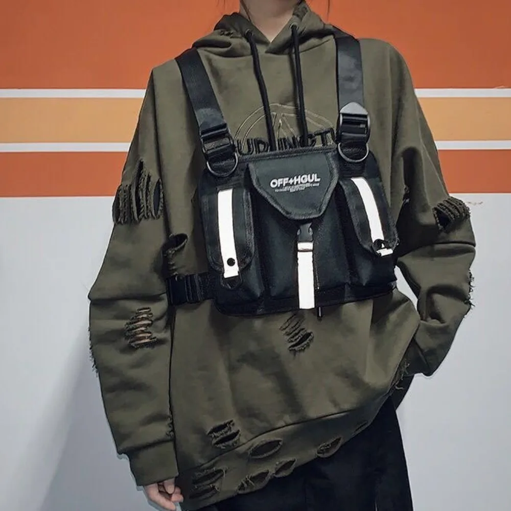 Oxford Cloth Double Shoulder Chest Bag Fashion Cool Message Crossbody Pouch Streetwear Reflective Strip Man's Vest Bag Work