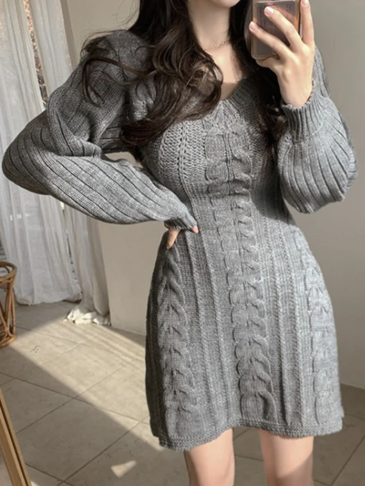 Knitted Dresses Women Solid Elegant Tender Twist Temperament Chic Autumn A-Line Slim Korean Style Advanced Long Sleeve Clothes