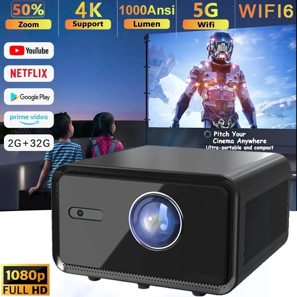 4.45inch LCD 1080P Projector 1000ANSI 4k 8k Video Support Auto Focus Keystone HD USB for Home/Movie/Office/Classroom Android 12