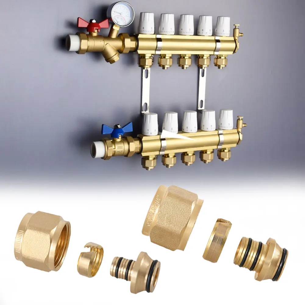 1 مجموعة مقسم المياه الحرارية الأرضية مع 1/2 3/4 بوصة 16/20 Unions النحاس تحت أنابيب التدفئة الأرضية المشتركة أجزاء الأجهزة الفاصل المياه #6