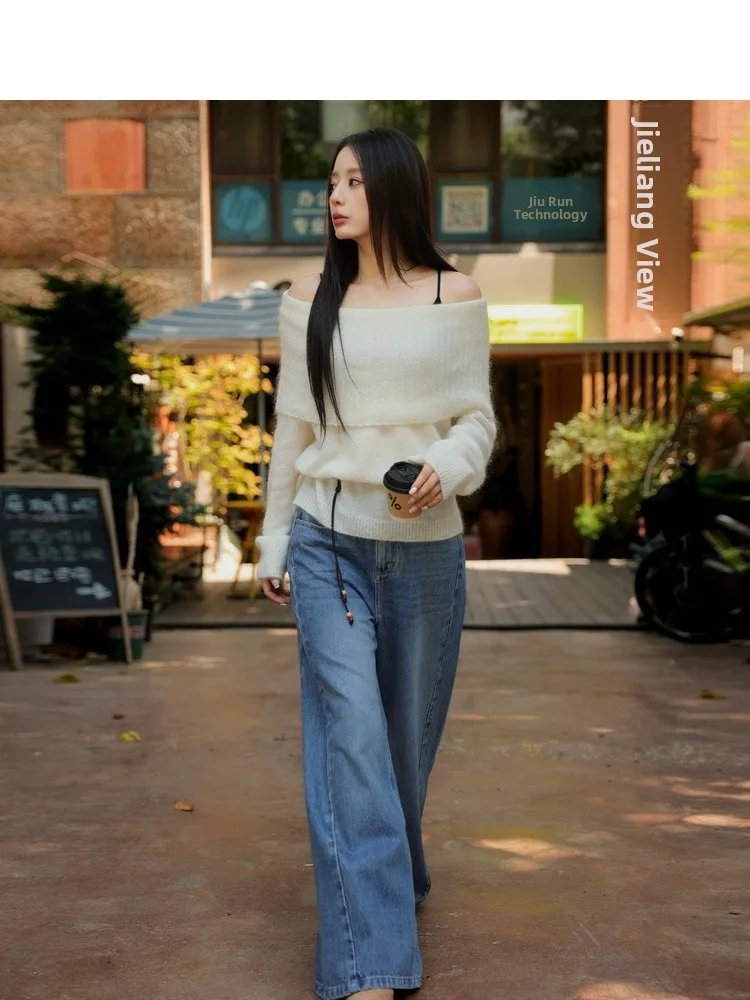 กางเกงยีนส์เอวสูงทรงขากว้าง ผ้าฝ้ายเดนิมสีน้ำเงิน ทรงตรงลำลอง ช่วยให้ดูผอมเพรียว รุ่นใหม่ประจำฤดูใบไม้ร่วง Airiqi25