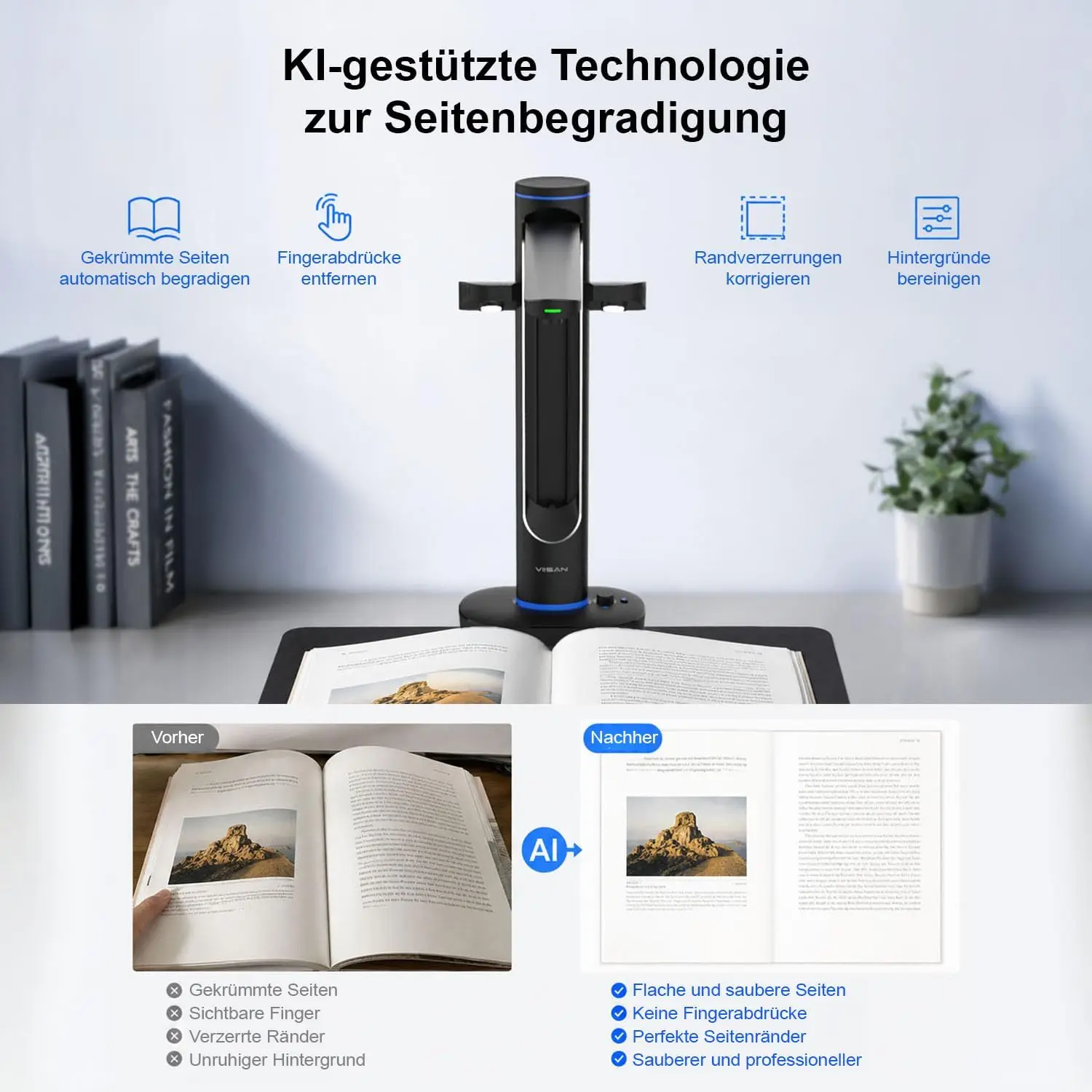 VIISAN S48 Duo Overhead Book Scanner - A2/A3 Large Format, Dual 48MP, 600 DPI with OCR & Text-to-Speech for Archiving Distance view 5