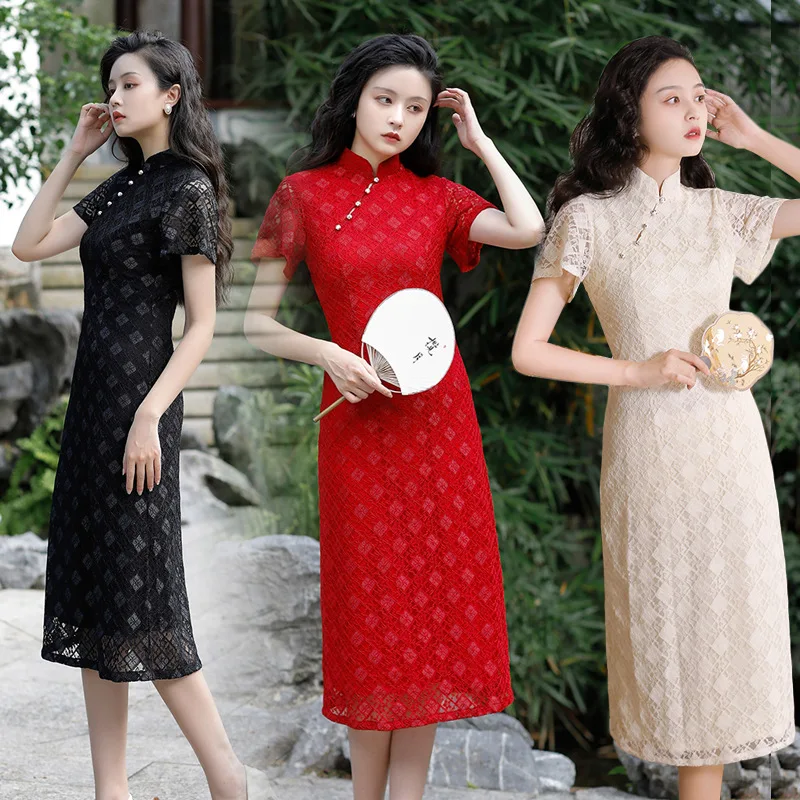 Summer Autumn New Style Fashion Lace Cheongsam Dress Double Layer Improved Slim-Fitting Daily Banquet National Women's Clothing