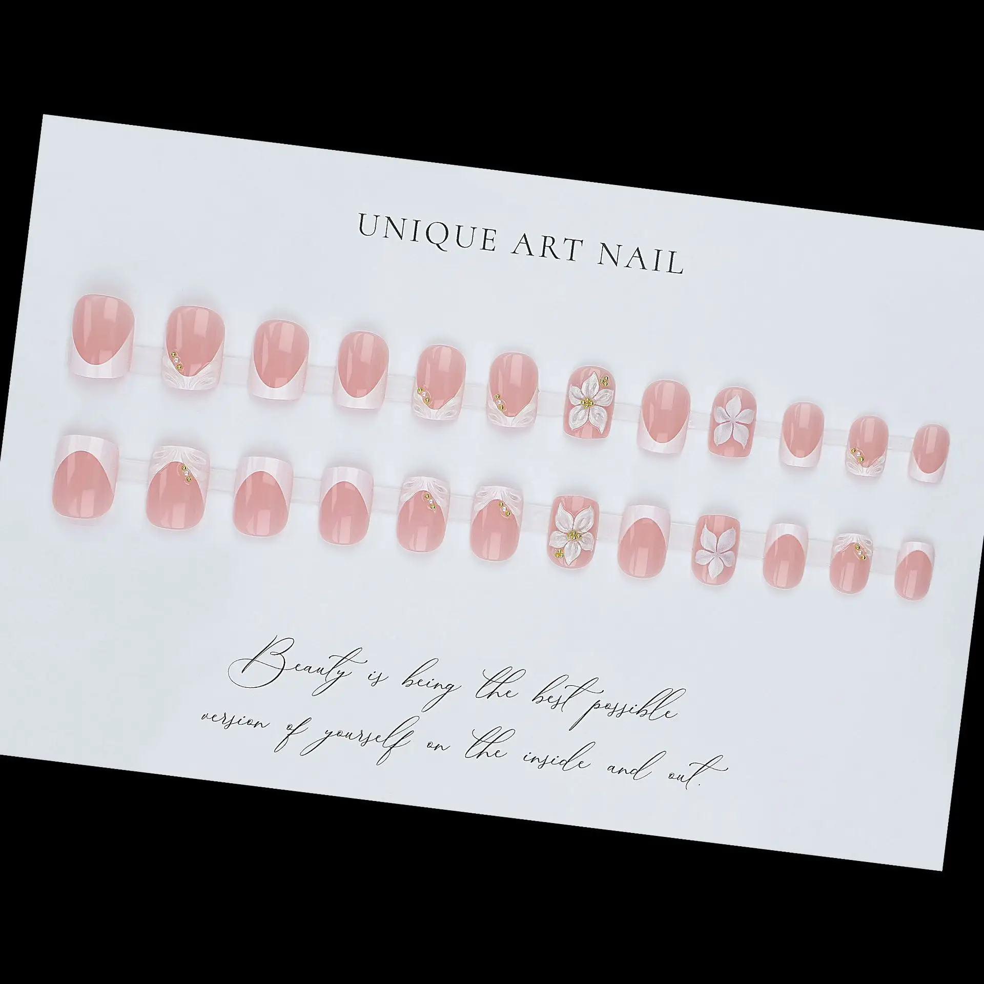3D-Kunstnägel für Frauen und Mädchen im französischen Stil, weiß, pink, grün, Randgestaltung, geprägte Blumenstreifen, Frühling, Sommer, Press-on-Nägel, künstliche Nägel – Detail 5