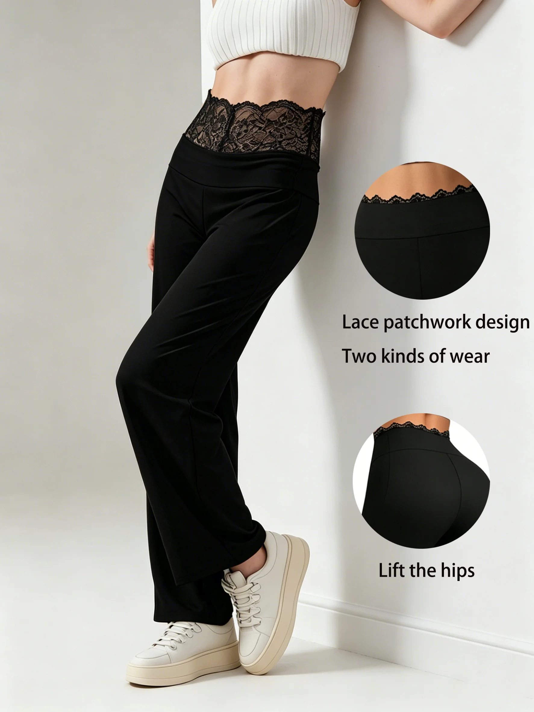 

Ladies sexy lace high waist elegant wide-leg pants soft and elastic fashion slim fit travel daily commuting Joker.