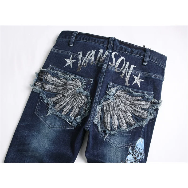 2024new back pocket embroidered jeans men's street cool fashion elastic straight Slim retro blue motorcycle trousers