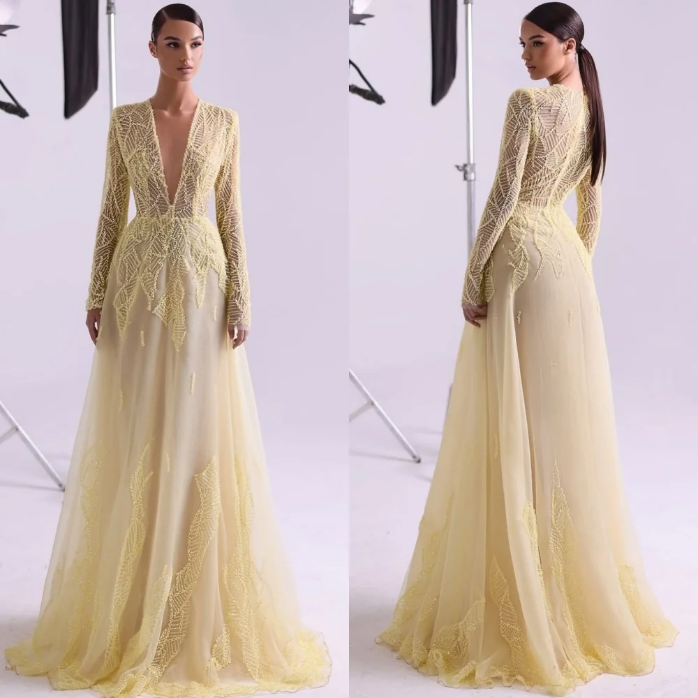 

Customized Modern Style Net Pleat Pattern A-line V-neck Long Dresses Bespoke Occasion Matching Fashion