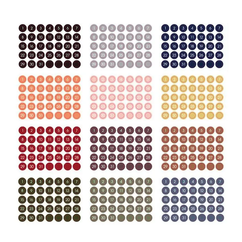 

A29F-12PCS Colorful Round Number Date Sticker Journal Notebook Label Stickers Stationery Envelope Sealing Tags