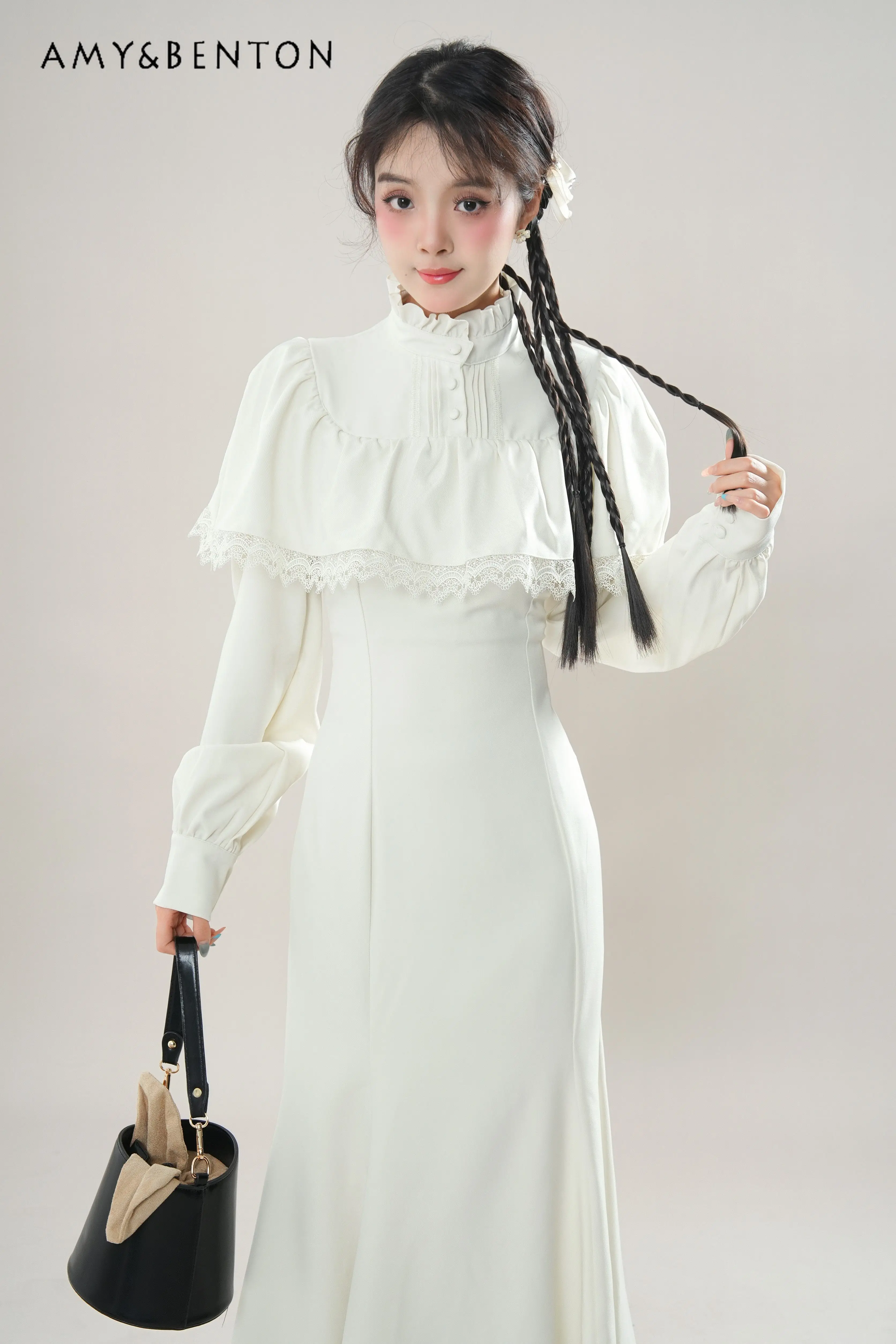 

Весенне-осеннее милое крутое женское молочно-белое платье с длинными рукавами и накидкой на талии в готическом стиле, облегающее длинное платье русалки