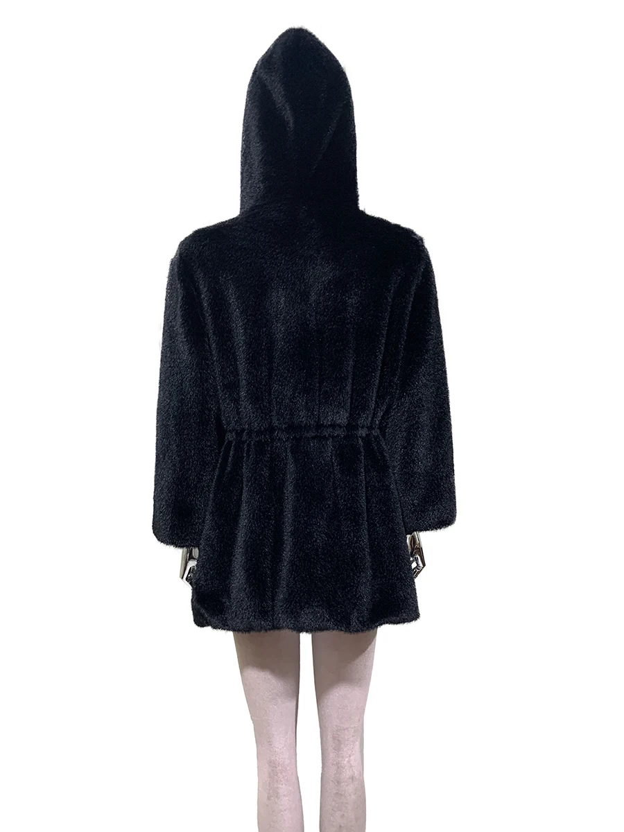 Nerazzurri Autumn Winter Black Warm Thick Faux Mink Fur Coat Women with Hood 3/4 Sleeve Drawstring Waist Fluffy Jacket Clothes