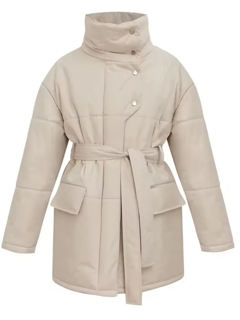 سترات نسائية دافئة من القطن منتفخة سترة مبطنة للنساء معطف شتوي فضفاض سترات خارجية بحزام عتيق سترات مكتبية للأسفل