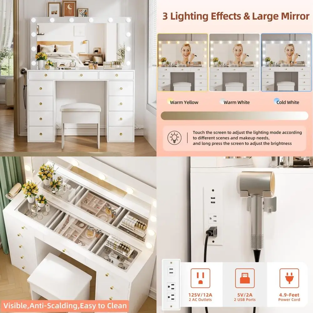 large vanity desk with mirror and lights, makeup vanity with 12 led lights, 11 metal sliding drawers, glass top vanity table wit