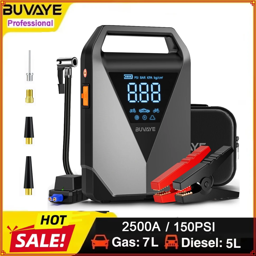 

BUVAYE Car Jump Starter Air Pump 150PSI Air Compressor Tire Pump 3000A Car Booster Starting Device 12000mAh Battery Booster Pack